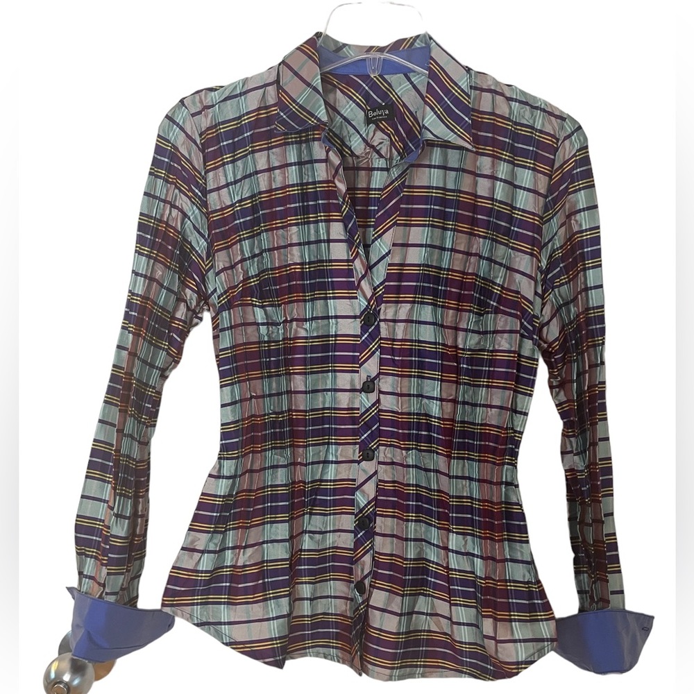 Beluva San Francisco Crinkle Plaid Long Sleeve Button Up Blouse Size Small